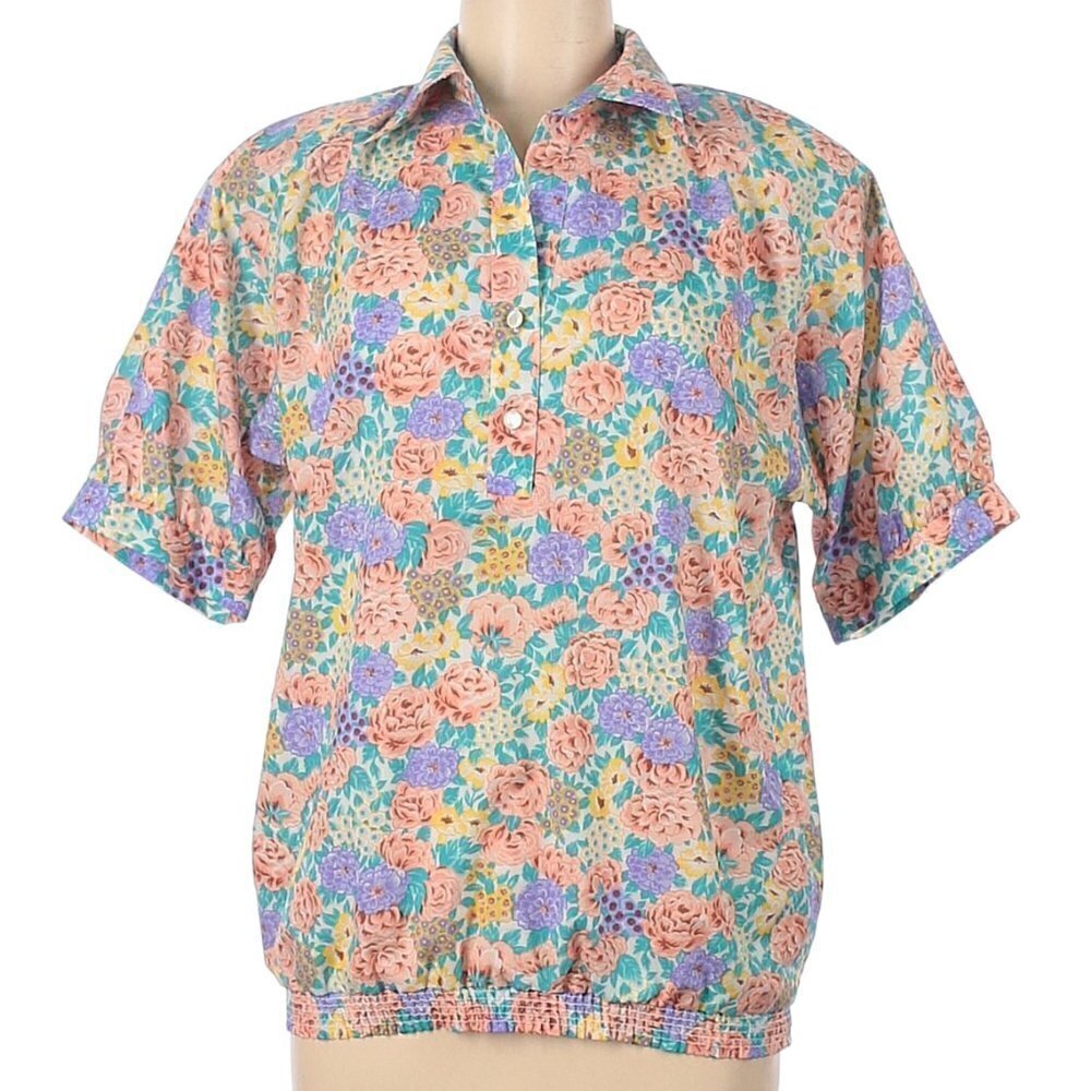 Vintage Loubella Women's Size 12 Popover Blouse Purple Teal Floral Half Button‎